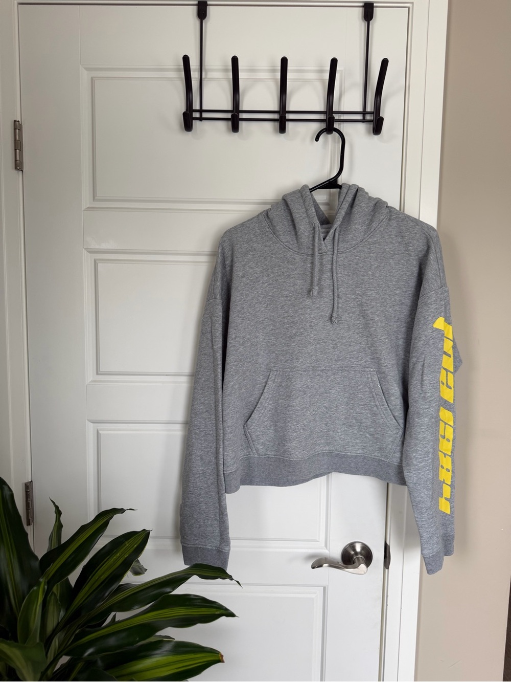 TNA Gray Hoodie Cropped Sweatshirt with Yellow Sleeve Print